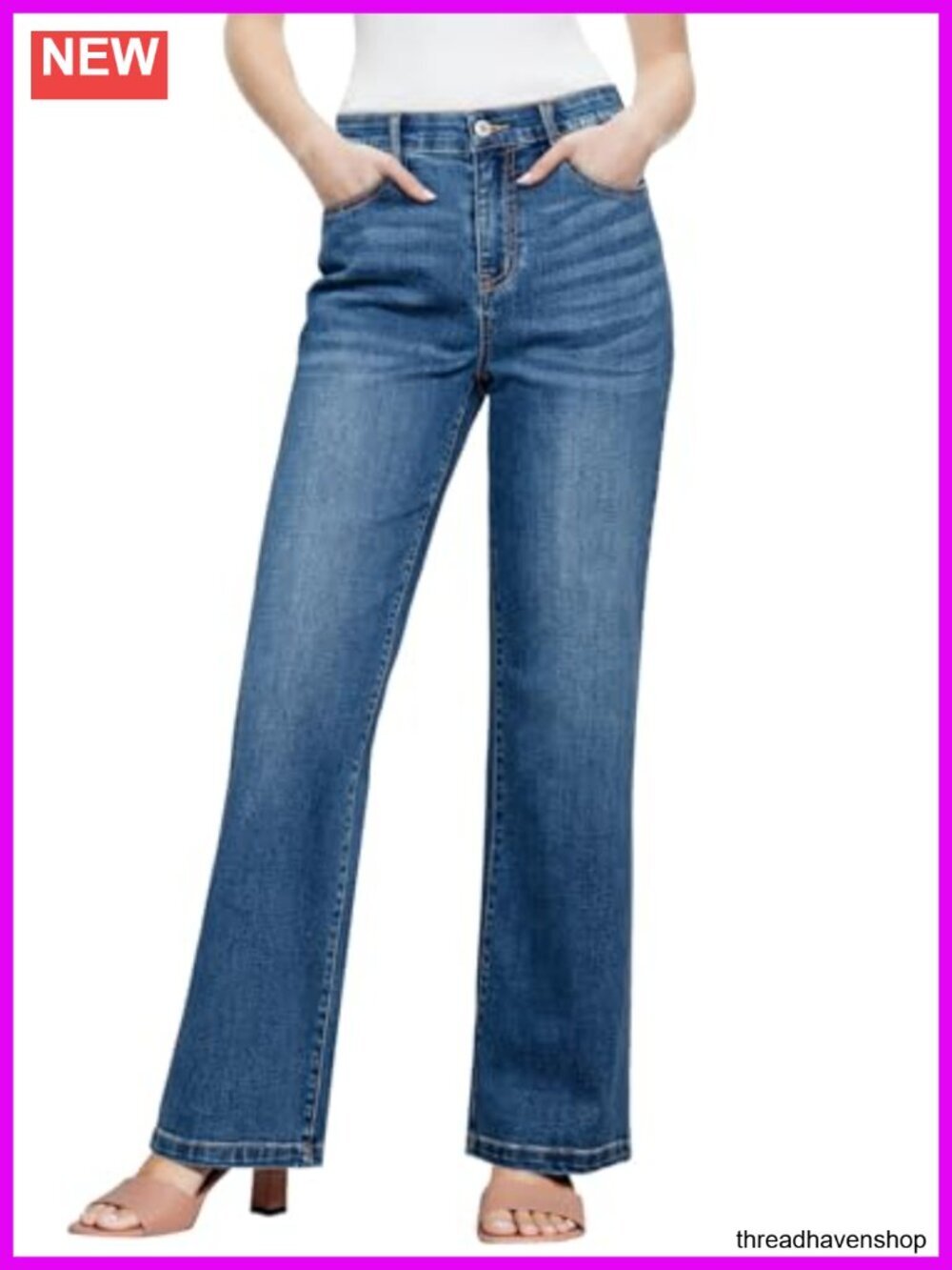 High Waisted Wide Leg Stretch Jeans with Pockets Tummy Control